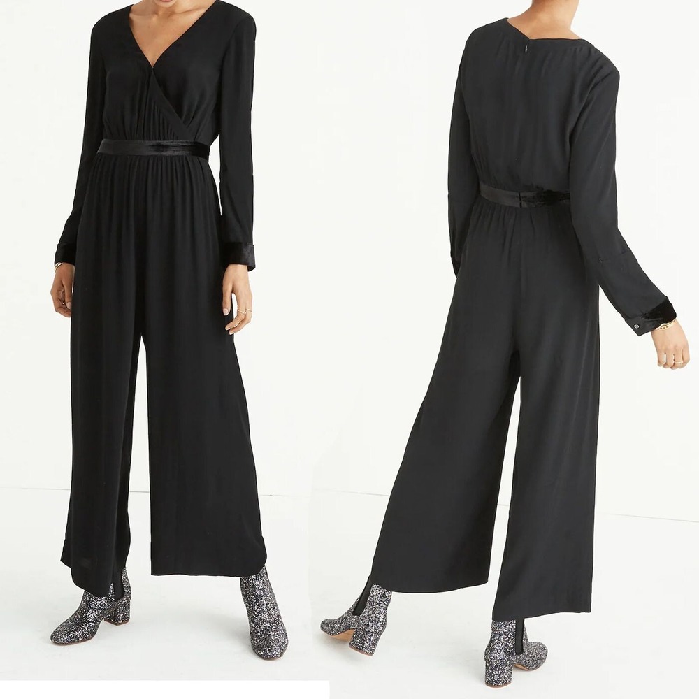 Madewell Velvet Trimmed Jumpsuit Size 14 Black Drapey Wrap Relaxed Wide Leg